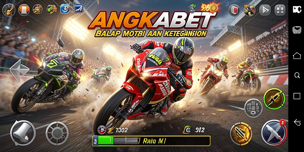 Screenshot gameplay ANGKABET yang menampilkan balapan motor yang mendebarkan.