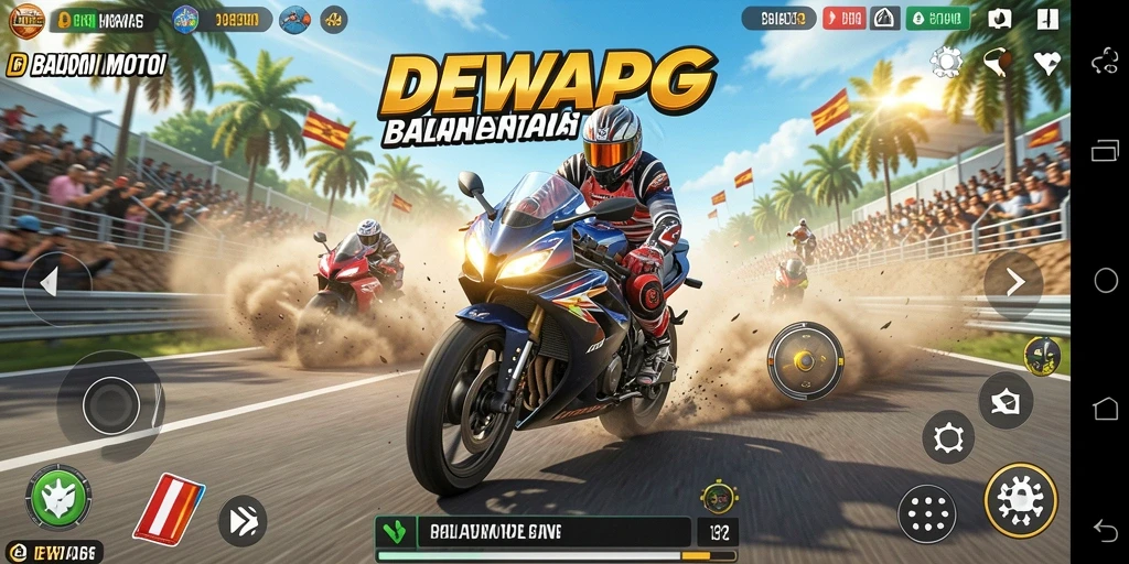 Screenshot gameplay DEWAPG menampilkan aksi balapan motor yang mendebarkan.