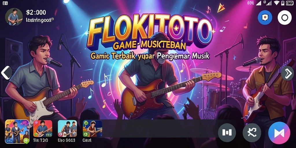 Tangkapan layar gameplay FLOKITOTO menampilkan aksi seru dengan berbagai lagu.
