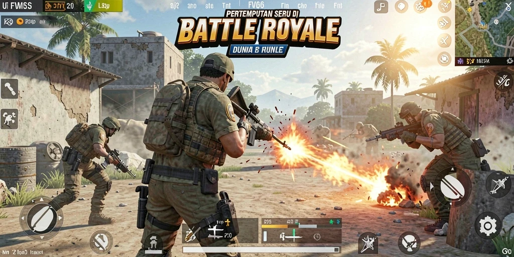 Screenshot gameplay FW66 dengan pertempuran intens Battle Royale.