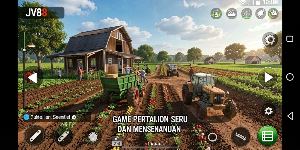 Screenshot menunjukkan gameplay pertanian yang seru di JV88.