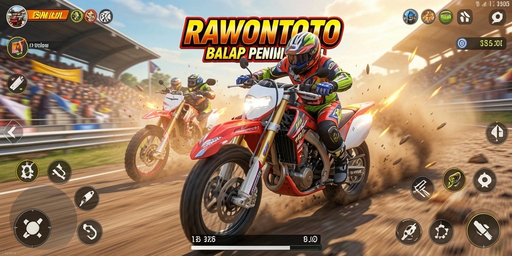 Gameplay seru RAWONTOTO dengan balapan mendebarkan.