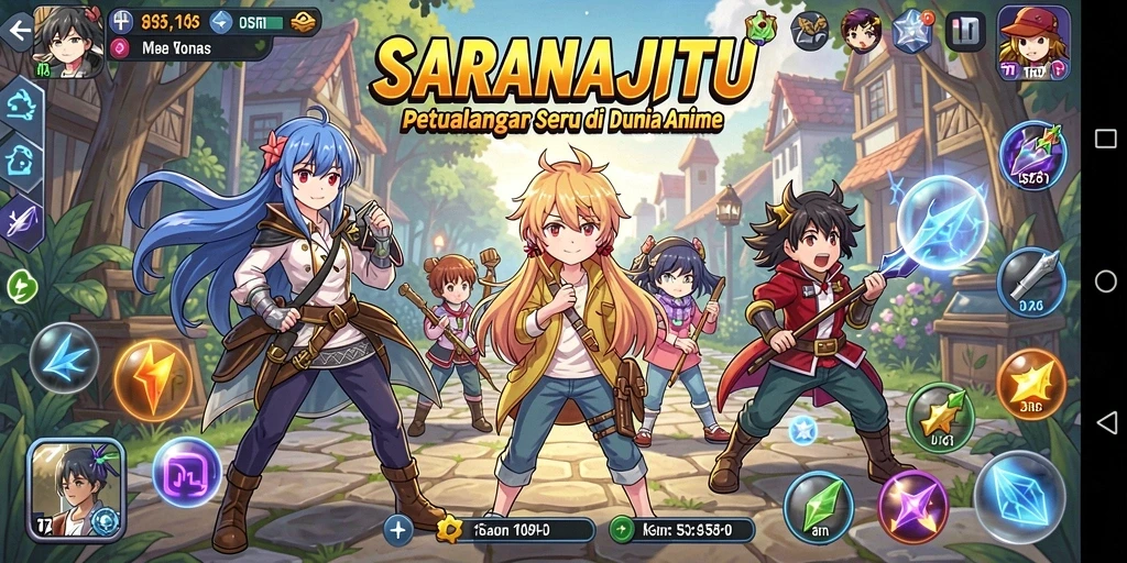 Tampilan dinamis gameplay SARANAJITU dengan karakter anime yang menarik.