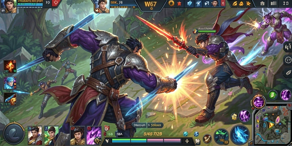 Screenshot utama W67 menampilkan pertarungan intens di arena MOBA.