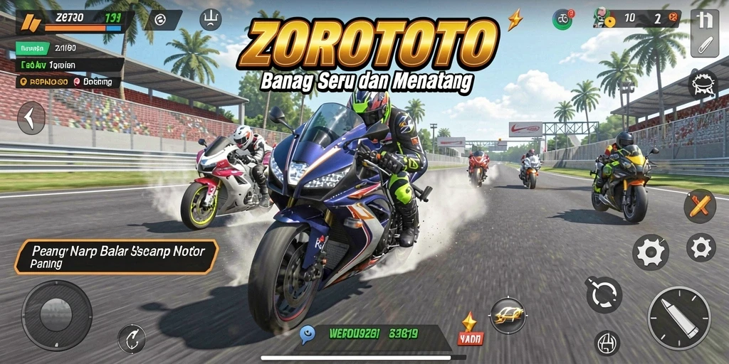 Tangkapan layar utama dari gameplay ZOROTOTO dalam balapan motor yang mendebarkan.